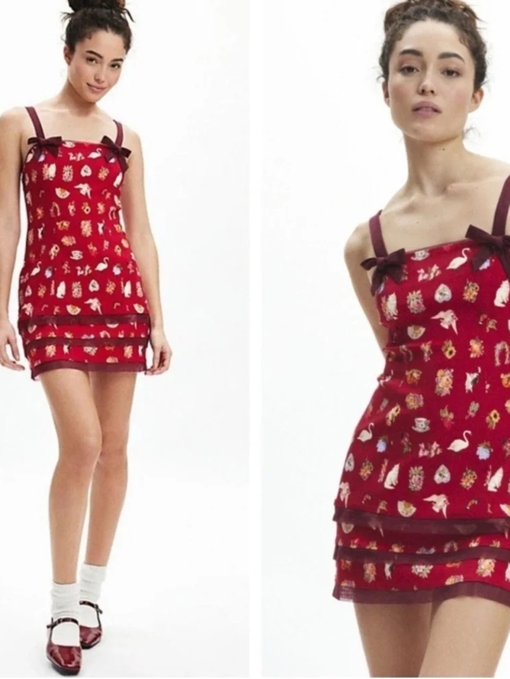 Urban Outfitters Kimchi Blue Lyla Swan Floral Cat Whimsical Mini Dress S
